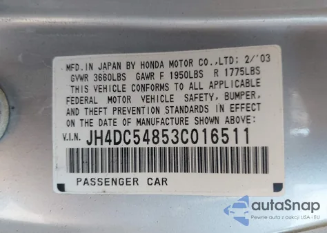 2003 Acura Rsx из США, поврежденный, VIN JH4DC54853C016511